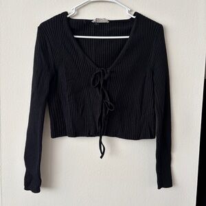 Everlane Black Ribbed Wool Blend Knit Tie-Front Top